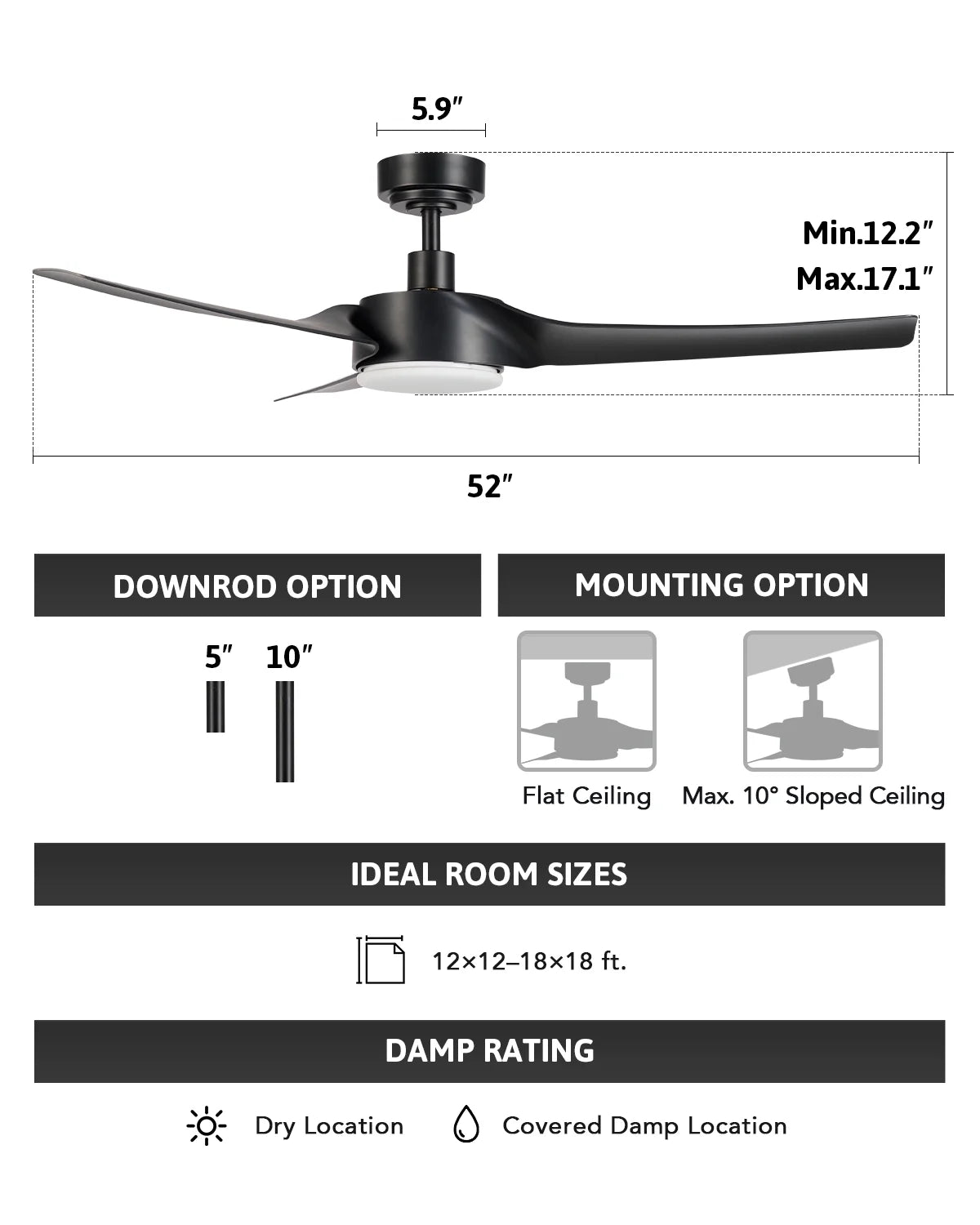 & Dimmable Smart Modern Remote, with 52" Fan Bestco Ceiling Light Black Kit