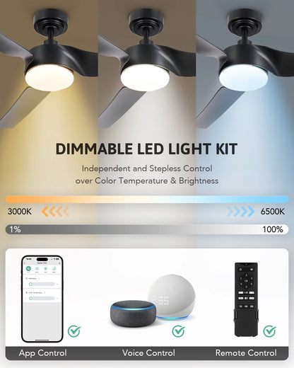 & Dimmable Smart Modern Remote, with 52" Fan Bestco Ceiling Light Black Kit